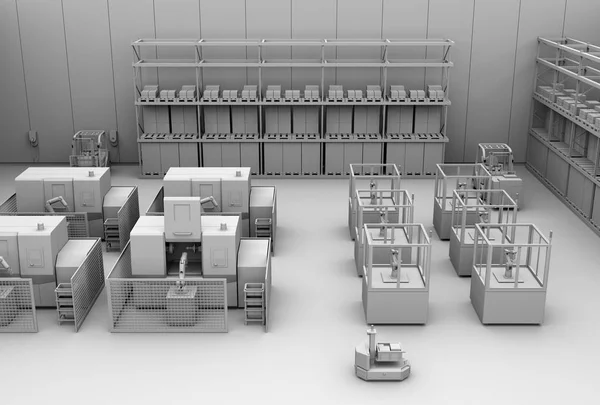 공간에서 코일의 클레이 렌더링 Agv 배경에 Cnc 아이소메트릭 스마트 팩토리 — 스톡 사진