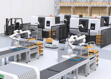 Hücre üretim alanında çift kollu robot montaj motor bobinleri. Agv cnc makineleri geçiyor. Akıllı fabrika konsepti. 3d render görüntüsü.