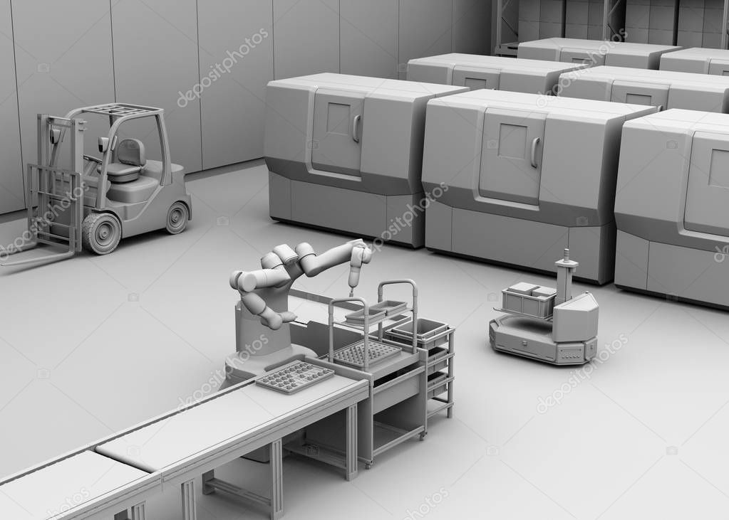Clay rendering of dual-arm robot assembly motor coils in cell-production space. AGV, forklift and CNC machines at background. Smart factory concept. 3D rendering image.