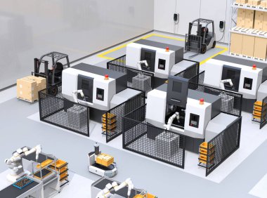 Hücre üretim alanında çift kollu robot montaj motor bobinleri. Agv, forklift ve Cnc makineleri arka planda. Akıllı fabrika konsepti. 3d render görüntüsü.