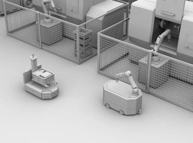 Fabrikadaki Cnc robot hücrelerinin önünden geçen mobil robotların Clay görüntüsü. Akıllı fabrika konsepti. 3d görüntüleme.