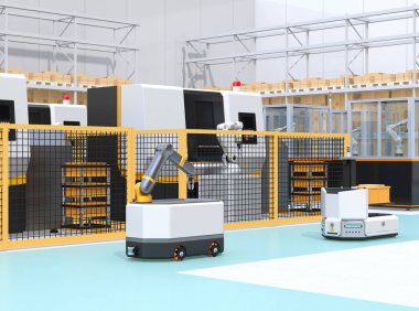 Mobile robots passing CNC robot cells in factory. Smart factory concept. 3D rendering image. clipart