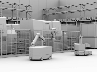 Clay rendering of mobile robots and CNC machines equipped with robots in smart factory. 3D rendering image. clipart