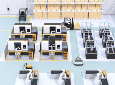Mobile robots, dual-arm robots, assembly robot cells and CNC machines in smart factory. 3D rendering image. clipart