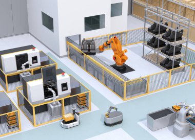 Mobil robotlar, ağır yük robot hücresi ve akıllı fabrikadaki Cnc makineleri. 3d görüntüleme.