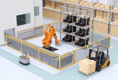 Mobile robot passing heavy payload robot cell in factory. 3D rendering image. clipart