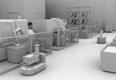 Clay rendering of mobile robot, heavy payload robot cell and CNC machines in smart factory. 3D rendering image. clipart