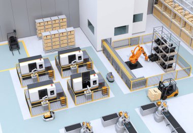 Mobil robotlar, çift kollu robotlar, ağır yük robot hücresi ve akıllı fabrikadaki Cnc makineleri. 3d görüntüleme.