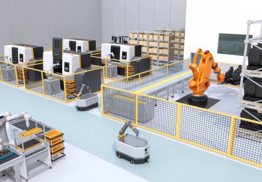 Mobil robotlar, çift kollu robot, ağır yük robot hücresi ve akıllı fabrikadaki Cnc makineleri. 3d görüntüleme.