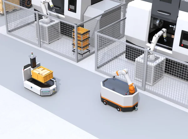 Mobile Robots Passing Cnc Robot Cells Factory Smart Factory Concept — Stock Photo, Image