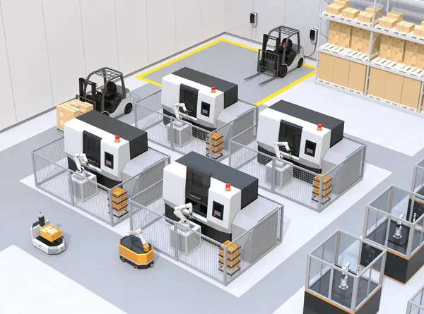 Mobil Robotlar Fabrikada Cnc Robot Hücrelerini Geçiyor Akıllı Fabrika Konsepti — Stok fotoğraf