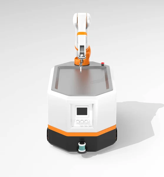 Front view of mobile robot AGV on gray background. 3D rendering image.