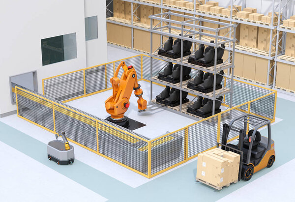 Mobile robot passing heavy payload robot cell in factory. 3D rendering image.