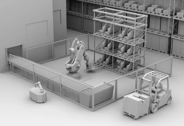 Clay rendering of mobile robot passing heavy payload robot cell in factory. 3D rendering image.