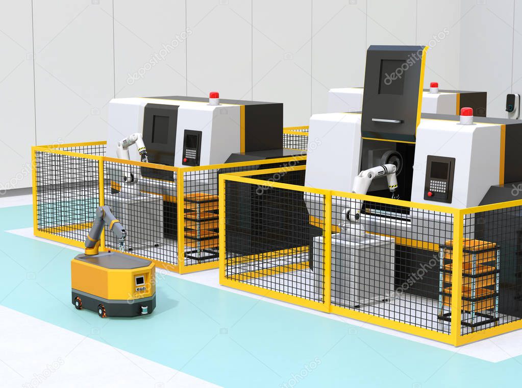 Mobile robot passing CNC robot cells in factory. Smart factory concept. 3D rendering image.
