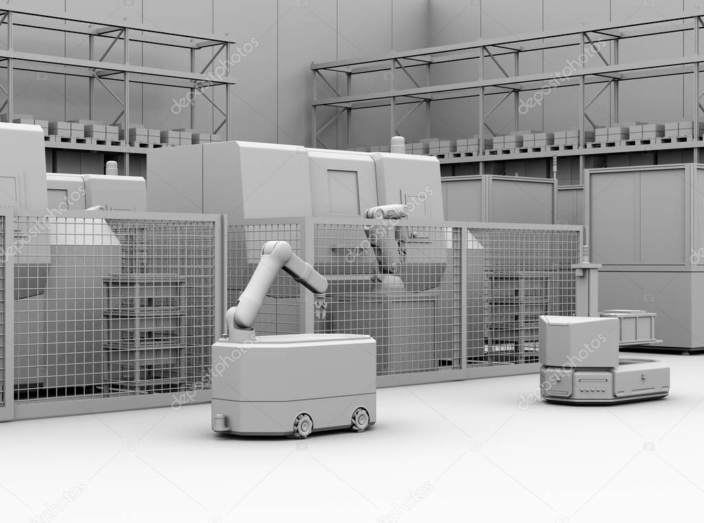 Clay rendering of mobile robots and CNC machines equipped with robots in smart factory. 3D rendering image.