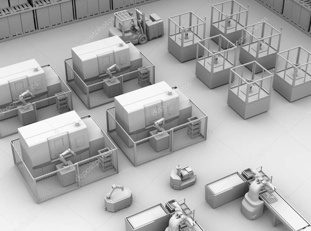 Clay rendering of mobile robots, dual-arm robots, assembly robot cells and CNC machines in smart factory. 3D rendering image.