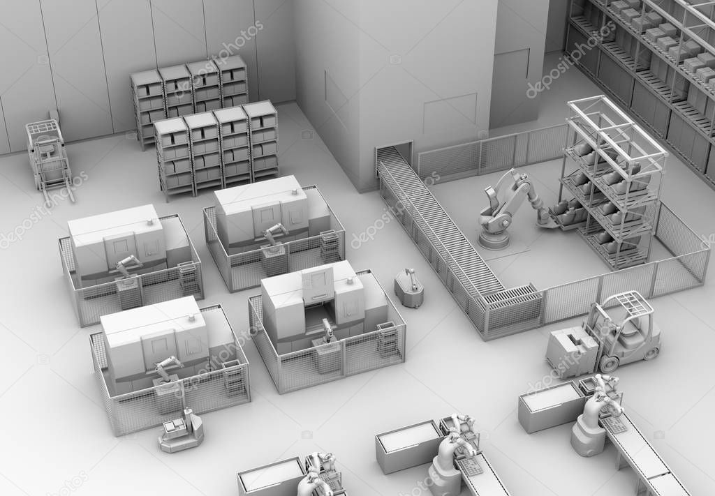 Clay rendering of mobile robots, dual-arm robots, heavy payload robot cell and CNC machines in smart factory. 3D rendering image.