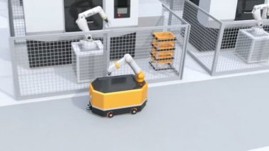 Mobil robot fabrikada Cnc robot hücrelerini geçiyor. Akıllı fabrika konsepti. 3d canlandırma canlandırması.