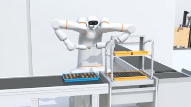 Çift kollu robot montaj motor bobinleri hücre üretim alanında. Yardımcı robot konsepti. Orijinal tasarım 3d canlandırma canlandırması.
