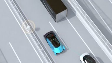 Otoyolda giden elektrikli araba, yakınlardaki arabalara bilgi gönderiyor. Bağlı araba konsepti. 3d canlandırma canlandırması.