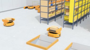 Lojistik merkezinde otonom gezici robotlar. Depo otomasyon konsepti. 3d canlandırma canlandırması.