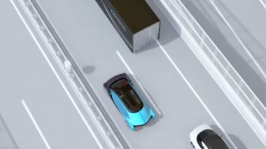 Otoyolda hızlı giden elektrikli bir araba. Sedan mavi arabanın geçmesi için şeridi değiştiriyor. 3d canlandırma canlandırması.