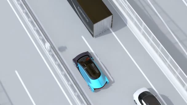 高速道路での電気自動車の運転 青の車を渡すことができますセダン変更レーン 3Dレンダリングアニメーション — ストック動画