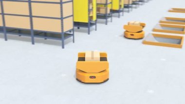Otomatik Mobil Robot, birinci şahıs görüşünde dağıtım tüneline paket bırakıyor (Pov). Depo otomasyon konsepti. 3d canlandırma canlandırması.