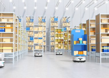 Dağıtım merkezinde rafları dağıtan otonom mobil robotlar. Akıllı lojistik merkezi konsepti. 3d görüntüleme.