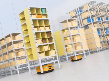 Dağıtım merkezinde rafları dağıtan otonom mobil robotlar. Akıllı lojistik merkezi konsepti. 3d görüntüleme.