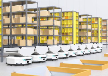 Modern depoda Özerk Mobil Robotlar Hattı. 3d görüntüleme.