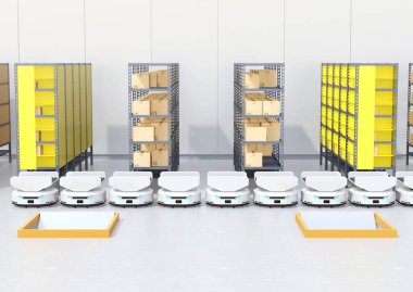 Modern depoda Özerk Mobil Robotlar Hattı. 3d görüntüleme.