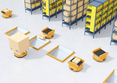 Otomatik Mobil Robotlar teslimat tüneline paket bırakıyor. Depo otomasyon konsepti. 3d görüntüleme.