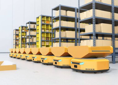 Modern depoda Özerk Mobil Robotlar Hattı. 3d görüntüleme.