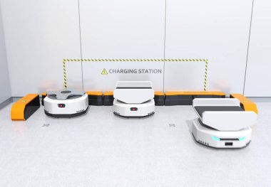 Modern depoda çalışan otonom Mobil Robotlar. Depo otomasyon konsepti. 3d görüntüleme.