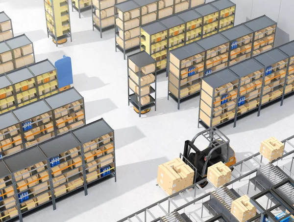 Autonomous Mobile Robots delivering shelves in distribution center. Intelligent logistics center concept. 3D rendering image.