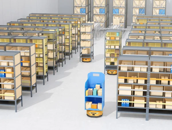自动移动机器人在销售中心提供货架 智能物流中心的概念 3D渲染图像 — 图库照片