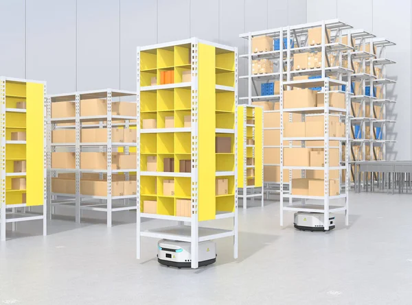 Autonomous Mobile Robots delivering shelves in distribution center. Intelligent logistics center concept. 3D rendering image.