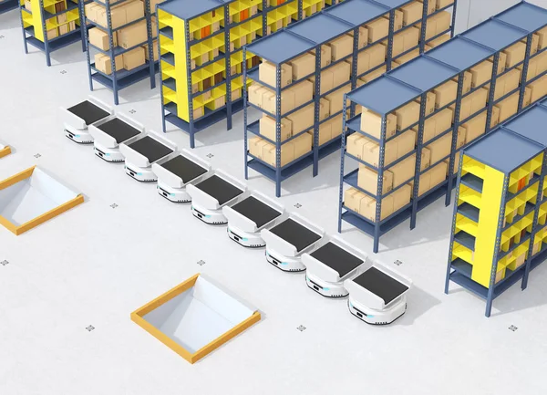 近代的な倉庫内の自律移動ロボットのライン 3Dレンダリング画像 — ストック写真