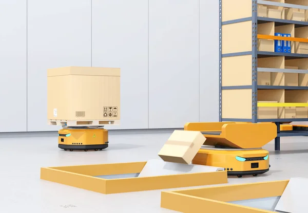 Autonomer Mobiler Roboter Der Pakete Zustelltunnel Wirft Lagerautomatisierungskonzept Renderbild — Stockfoto