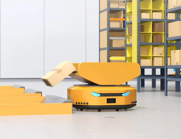 AMR (Autonomous Mobile Robot) sending parcel to delivery tunnel. Warehouse automation concept. 3D rendering image.