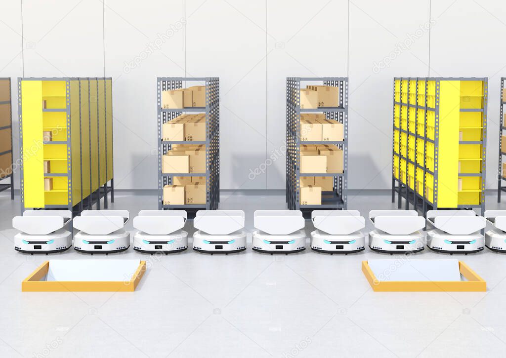 Line of  Autonomous Mobile Robots in modern warehouse. 3D rendering image.