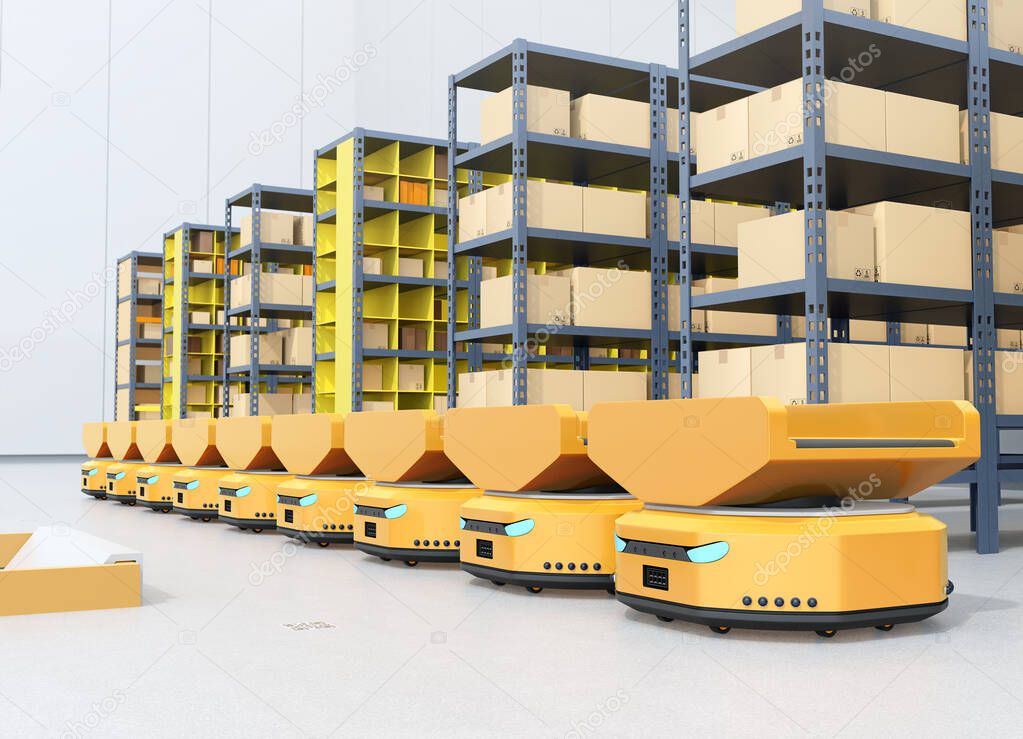 Line of  Autonomous Mobile Robots in modern warehouse. 3D rendering image.