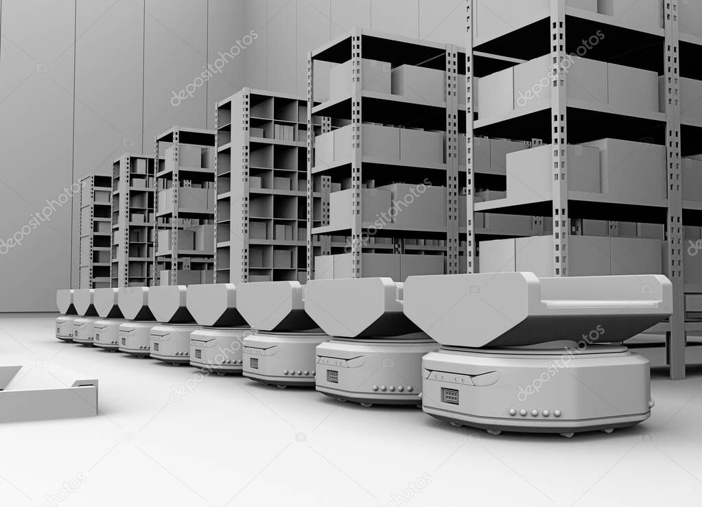 Line of  Autonomous Mobile Robots in modern warehouse. 3D clay rendering image.