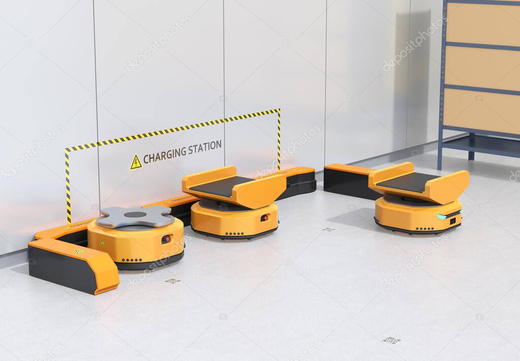Autonomous Mobile Robots charging in modern warehouse. Warehouse automation concept. 3D rendering image.