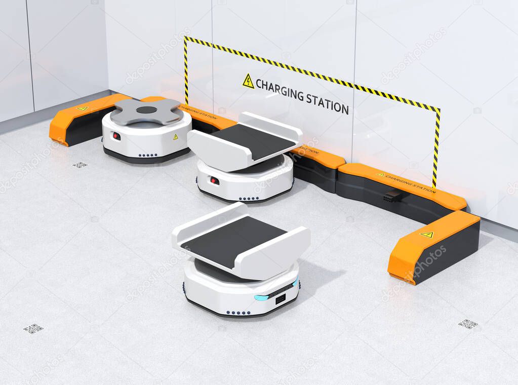 Autonomous Mobile Robots charging in modern warehouse. Warehouse automation concept. 3D rendering image.