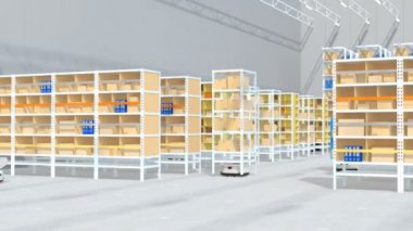 Dağıtım merkezinde rafları dağıtan otonom mobil robotlar. Akıllı lojistik merkezi konsepti. 3d canlandırma canlandırması.