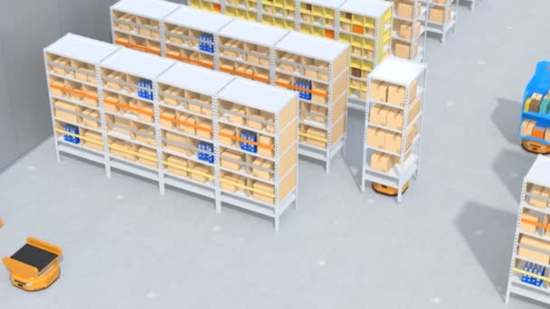 Autonome Mobile Robots Leveren Planken Het Distributiecentrum Intelligent Logistiek Centrum — Stockvideo