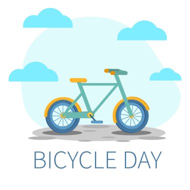 Bisiklet Günü - Gayri resmi tatil. Mavi ve krem renkli bisiklet. Vektör illüstrasyonu.
